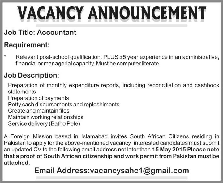Accountant Jobs in South African High Commission Islamabad